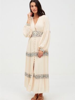 NWT Nekane Boho Embroidered Beaded Cream Maxi Dress Button Down Front Duster S